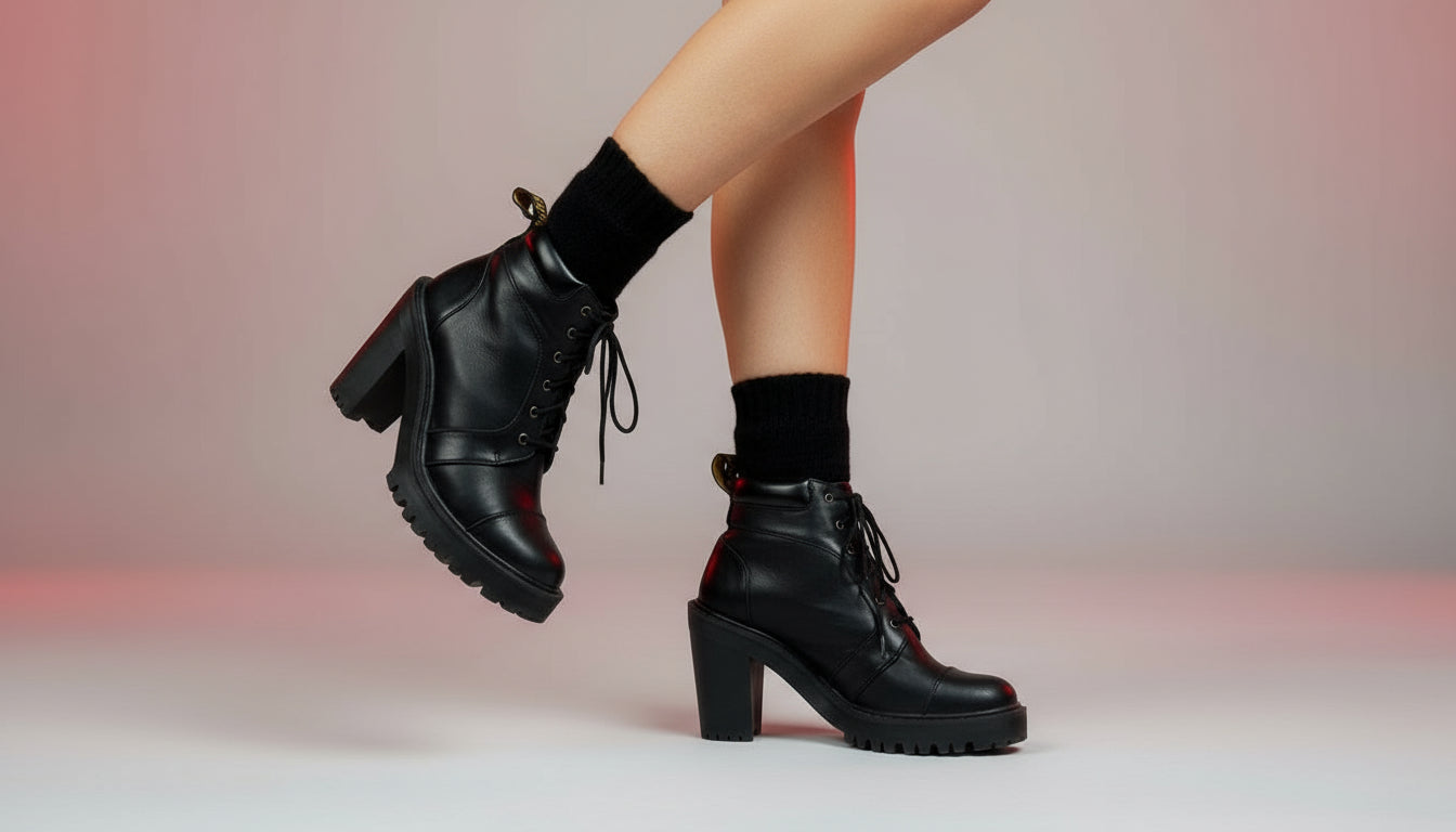 Black leather boots worn with black socks on a neutral background