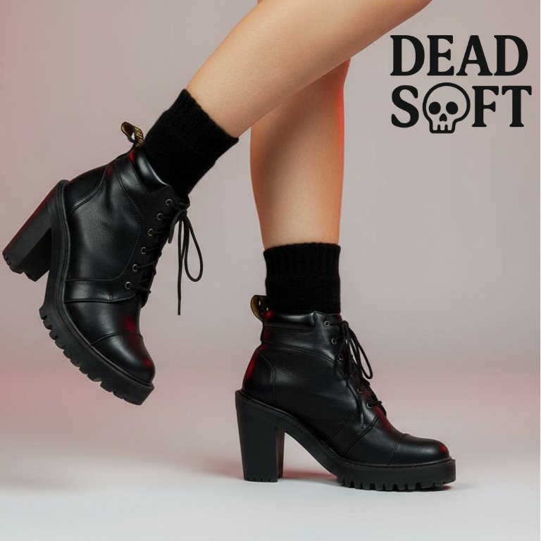 Black high-heeled boots worn with black socks on a light background, featuring the brand 'DEAD SOFT'.
